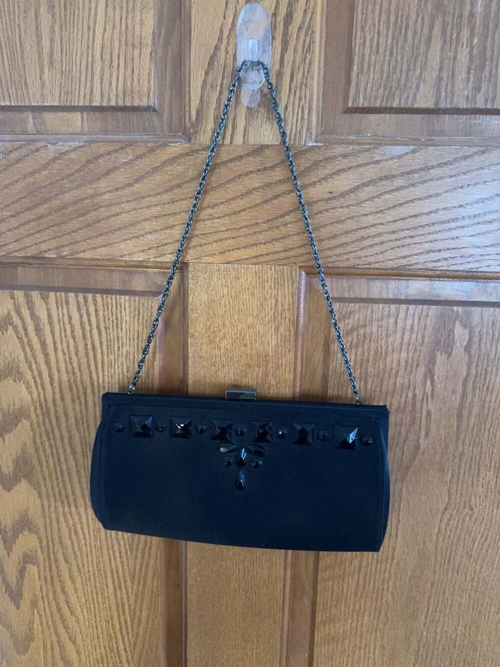 Talbots Black Satin Embellished Evening Clutch with Chain Strap